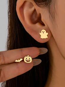 3pcs Gold Metal Ghost Bat Pumpkin Delicate Gothic Fun Jewelry Set Suitable For Party Luxury Banquet - Yellow Gold - View 10