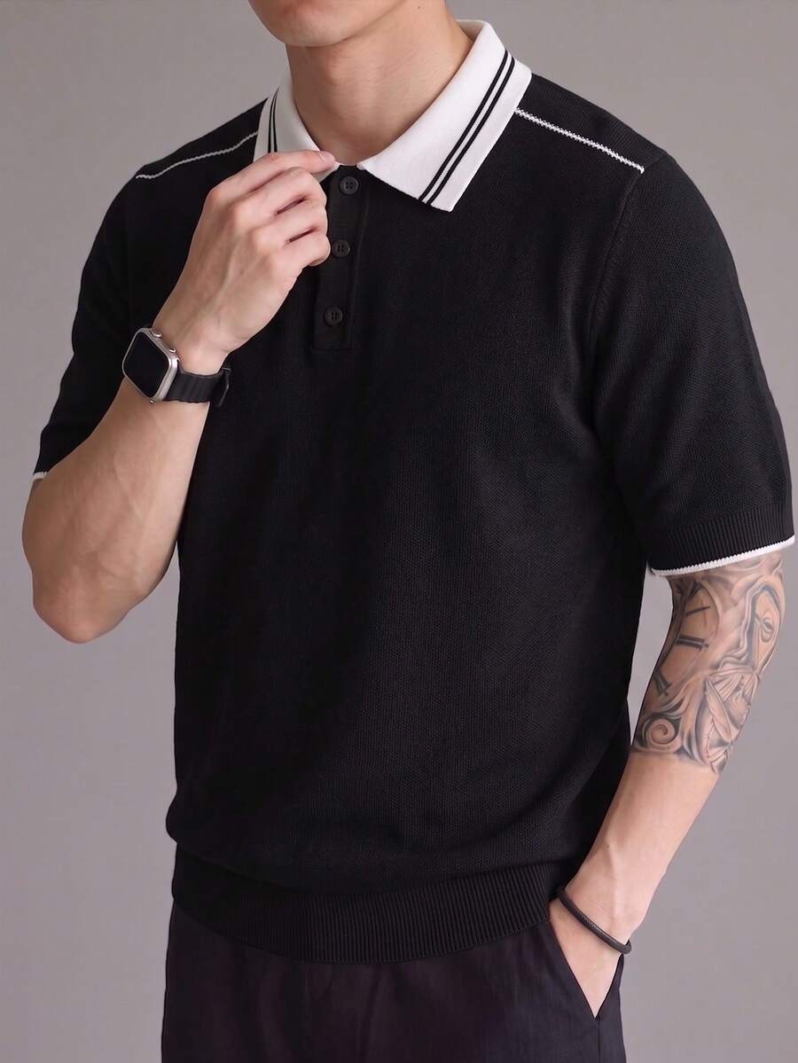GRKC Men's Short Sleeve Knit Polo Shirt, Polo Collar Short Sleeve Knit Loose Straight Casual Short Sleeve Knit Polo, Spring/Summer Top - Black - View 1