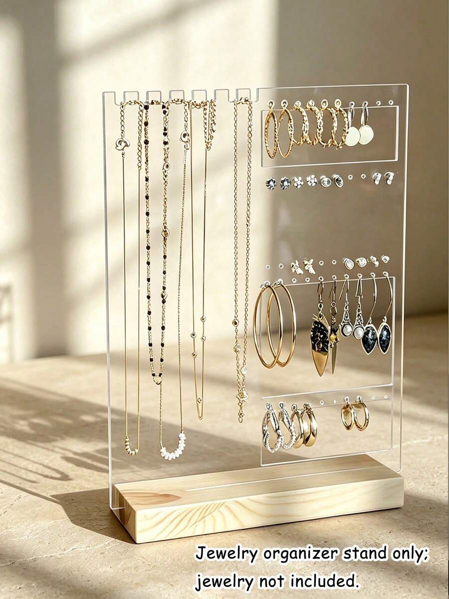 Transparent Acrylic Jewelry Stand, Minimalist Luxury Design, Left Side Multiple Hanging Rods For Necklaces, Right Side Layered Hanging Holes For Earrings, Studs, Ear Hooks And More, Combines Storage And Display Functions. Effectively Prevents Jewelry Tangling And Knotting, Suitable For Vanity, Bedside Table, Makeup Desk And Other Daily Storage Scenarios, Also A Delicate Gift For Best Friend, Girlfriend, Bride (Jewelry Not Included) - Multicolor - View 1