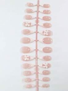 ARTAUG 24片白色杏仁形假指甲，饰有3D蝴蝶结和仿珍珠，瞬间提升您的造型，专为时尚女性和女孩设计，完美适用于日常佩戴、派对、情人节等场合。包含可卸除可重复使用的果冻胶、1个角质层推棒、按压式假指甲和美甲用品。 - 白色 - 查看 8