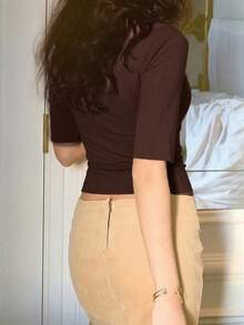 Women's V-Neck Pink Mid-Sleeve Stylish Sporty Casual T-Shirt - Coffee Brown - View 7