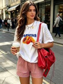 2pcs Women's Printed Short Sleeve Top + Elastic Waist Shorts Pajama Set - White - View 2
