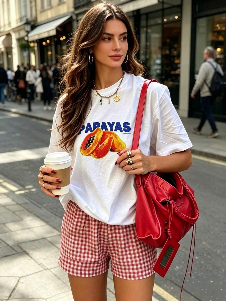2pcs Women's Printed Short Sleeve Top + Elastic Waist Shorts Pajama Set