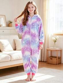 Tween Girl Plush Purple Starry Sky Print Unicorn Design Jumpsuit Pajamas - Multicolor - View 6