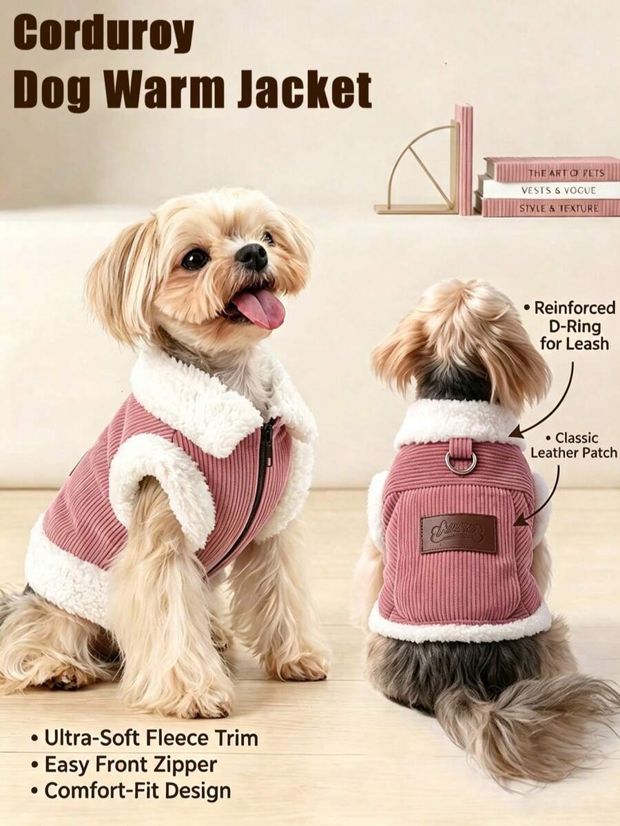 1pc Fleece Zipper Pet Dog Vest Jacket Autumn/Winter Warm Pets Clothes Retro Corduroy Dogs Sweater Suitable For Puppy Small Medium Dogs