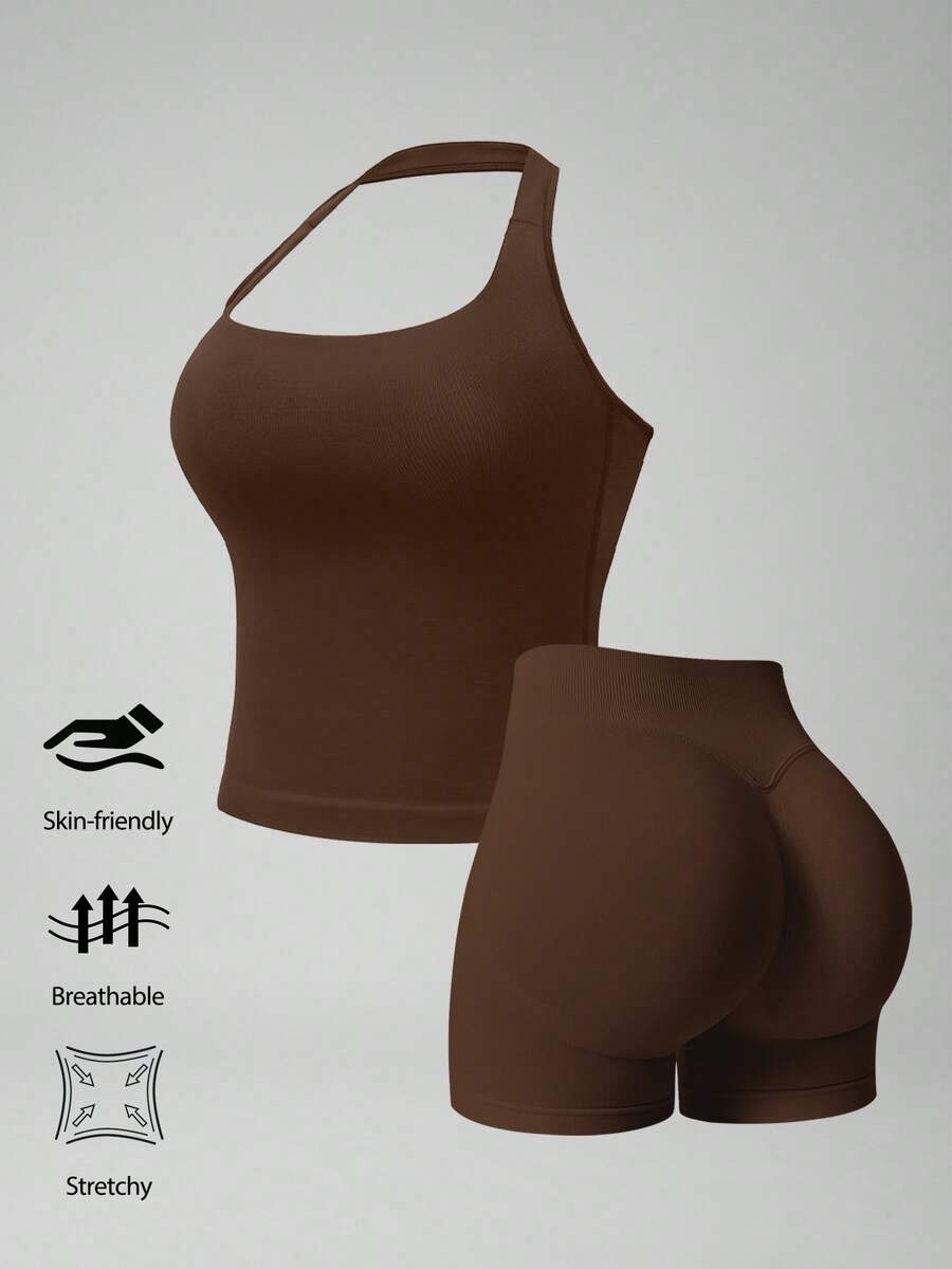 NcmRyu Women's One Set Spaghetti Strap Removable Padded Fitted Tank Top And Ruched Butt Shorts Sports Set - Mocha Brown - View 1