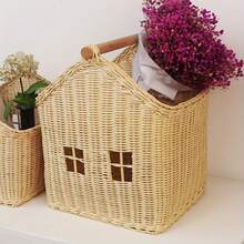 1pc Nordic Rattan House-Shaped Decorative Basket – Handwoven Storage Organizer With Window View For Desktop, Toys, And Home Decor, Natural Beige Color, Open Top Design, Cute Storage, Shelf Baskets - Original Rattan Color - S - View 1