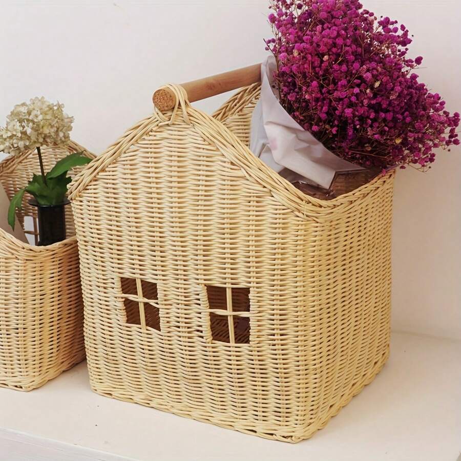 1pc Nordic Rattan House-Shaped Decorative Basket – Handwoven Storage Organizer With Window View For Desktop, Toys, And Home Decor, Natural Beige Color, Open Top Design, Cute Storage, Shelf Baskets - Original Rattan Color - S - View 1
