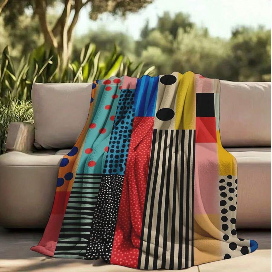 1PC Patchwork Color Block Polka Dot Vertical Stripe Contrast Geometric Abstract Art Full Print Flannel Throw Blanket Modern Matisse Style Living Room Sofa Bedroom Nap Soft Air Conditioning Gift Blanket - Multicolor - View 1