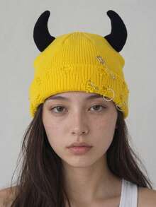 Women's Devil Horn Knit Beanie With Distressed Cuff And Metal Details For Punk Streetwear And Halloween Outfits - Devil Beanie - View 8