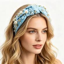 1pc Pearl & Rhinestone Decorated Knotted Headband, Solid Color Fabric Headband, Elegant Non-Slip Women's Daily & Party Hair Accessory - View 5