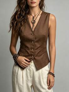 Vintage V-Neck Single-Breasted Waist-Cinching Slim Fit Sleeveless Blazer Vest - Brown - View 4
