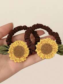 2pcs Sunflower Hair Ties, High Elasticity Hair Scrunchies, Suitable For Daily Wear - Multicolor - View 2