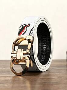 47 Inch Men's PU Artificial Leather Automatic Buckle Belt, Shark Mouth Graffiti Print Belt - Multicolor - View 2