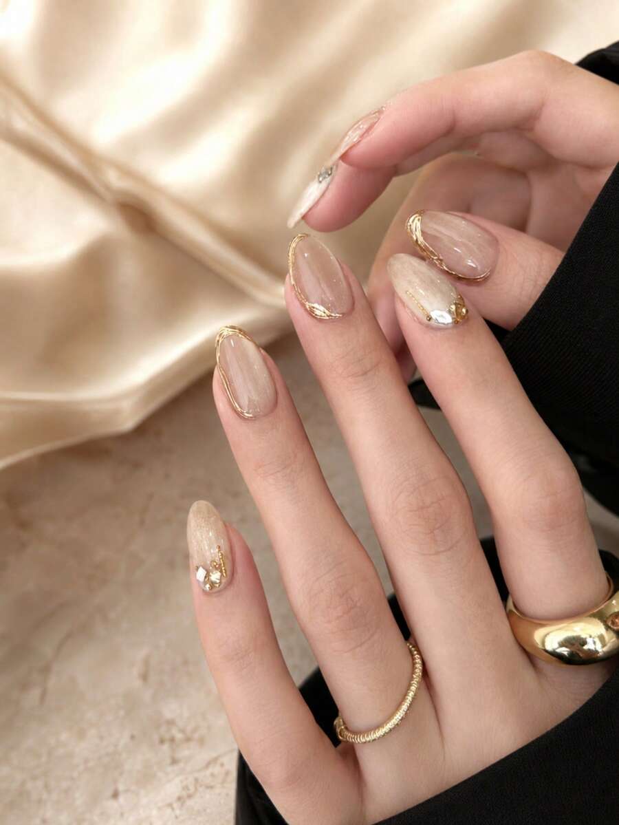 10 Medium Oval Press-On Nails With Asymmetric Gold Edges, Decorated With Shells And Pearls, Elegant Full-Cover Fake Nails, Perfect For Everyday Wear, Dates, Weddings, And Parties For Women - Follow Your Heart - View 1