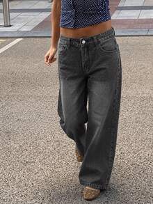 Women's Casual Extra Long Wide Leg Denim Jeans, With Zipper And Pockets, Non-Stretch, Y2K Retro Style - Dark Grey - View 2