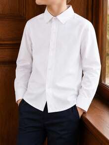Young Boy Classic College Style Casual Party Floral Pocket Patchwork Formal Dress Shirt, White, Long Sleeve - White - View 1