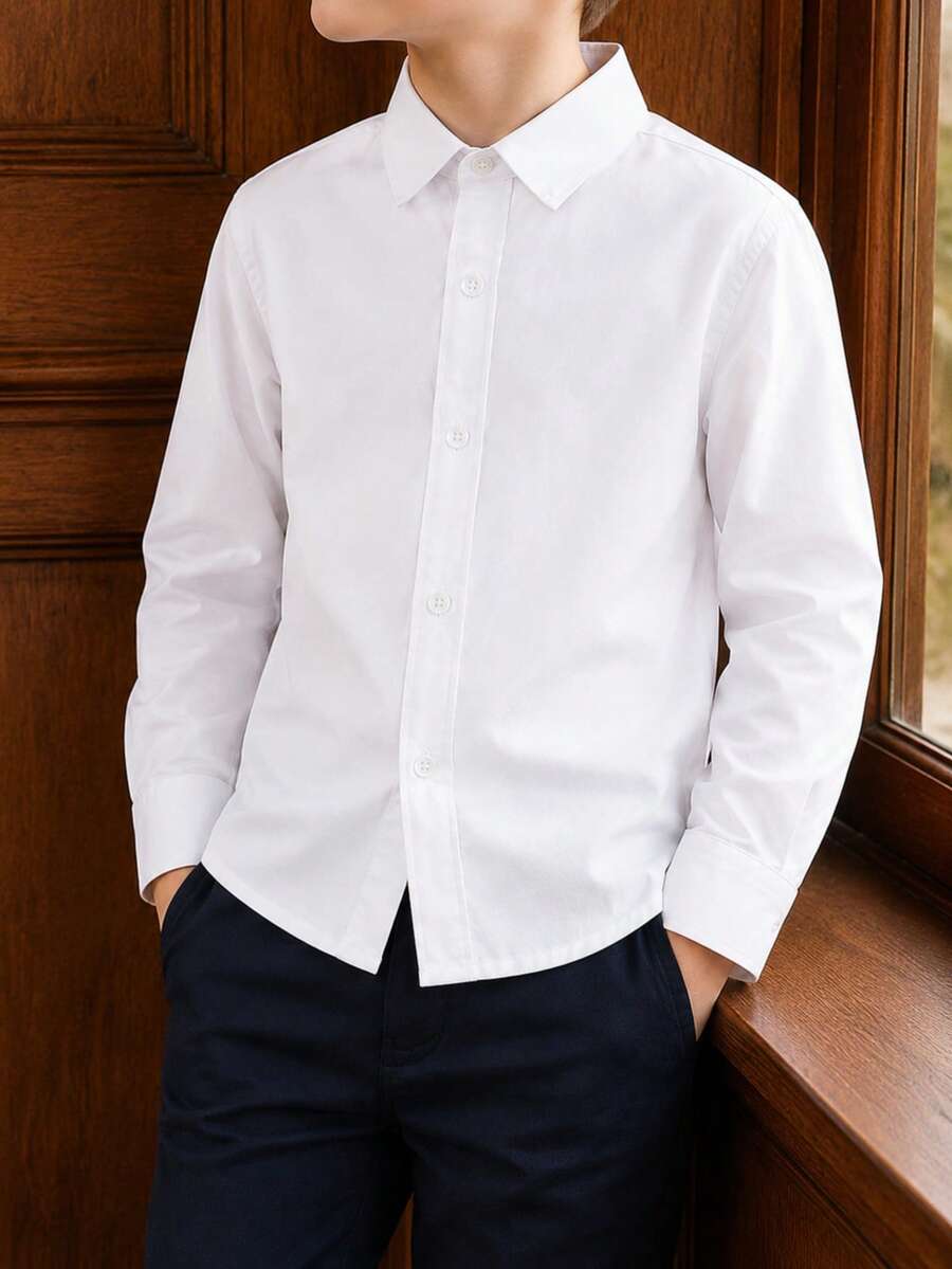 Young Boy Classic College Style Casual Party Floral Pocket Patchwork Formal Dress Shirt, White, Long Sleeve - White - View 1