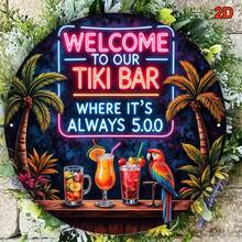 8 Inch Iron Decorative Sign With "Welcome To Our Tiki Bar, It's Always 5:00" Neon Light, Tropical Drink Illustration, Palm Tree And Parrot Design, Suitable For Bar, Home And More, Pre-Drilled Holes, Style As Shown In Size Chart - Multicolor - View 6