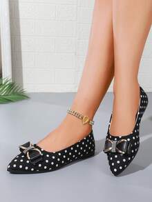 Women's Pointed Toe Bow Rhinestone Slip-On Shoes, Black And White Polka Dot Fabric, Suitable For Daily Wear And Office Wear - Black - View 7