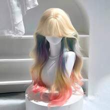 Dopamine Rainbow Ombre Long Wavy Wig With Bangs, Cream Blonde Base Multicolor Gradient Synthetic Full Wig For Anime Cosplay & Sweet Girls Portrait - 65cm [Rainbow Highlights] Hairnet Included - View 1