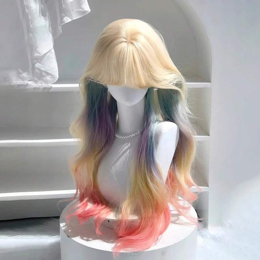 Dopamine Rainbow Ombre Long Wavy Wig With Bangs, Cream Blonde Base Multicolor Gradient Synthetic Full Wig For Anime Cosplay & Sweet Girls Portrait - 65cm [Rainbow Highlights] Hairnet Included - View 1