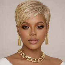 Women's Human Hair Short Wig, Brown With Gold, Style, Layered, With Bangs, No Glue No Front Band, Fully Machine Woven, Easy To Wear - Multicolor - View 14