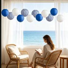 12pcs Blue & White Porcelain Design Chinese Traditional Pattern Paper Lanterns, Suitable For Wedding, Birthday, Festival Celebration, Party Home Decor - A - View 5