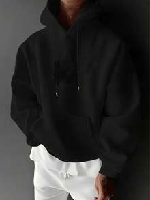 Men's Casual Simple Solid Color Kangaroo Pocket Drawstring Hoodie,Suitable For Daily Commuting,Autumn And Winter - 黑色 - 查看 8