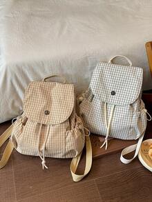 Korean Style Fresh Plaid Drawstring Flap Backpack, Minimalist Japanese Small Grid Fabric Bag, Lightweight Wear-Resistant Multi-Pocket Student School Shopping Outdoor Travel Casual Versatile Backpack For Girls - Multicolor - View 10