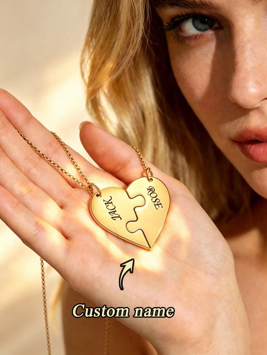 Personalized Engraved Name Necklace, Stainless Steel Puzzle Pendant, Customizable 2/3/4 Hearts Rings With Name And Date, Anniversary Gift - Multicolor - View 1