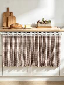1Pc,White Perforated Lace Splicing American Country Retro Plaid Kitchen Half Curtains For Restaurant Cafe Windows Drapes Over Sink,Oven, Microwave, Curtain Decoration - Khaki - View 2