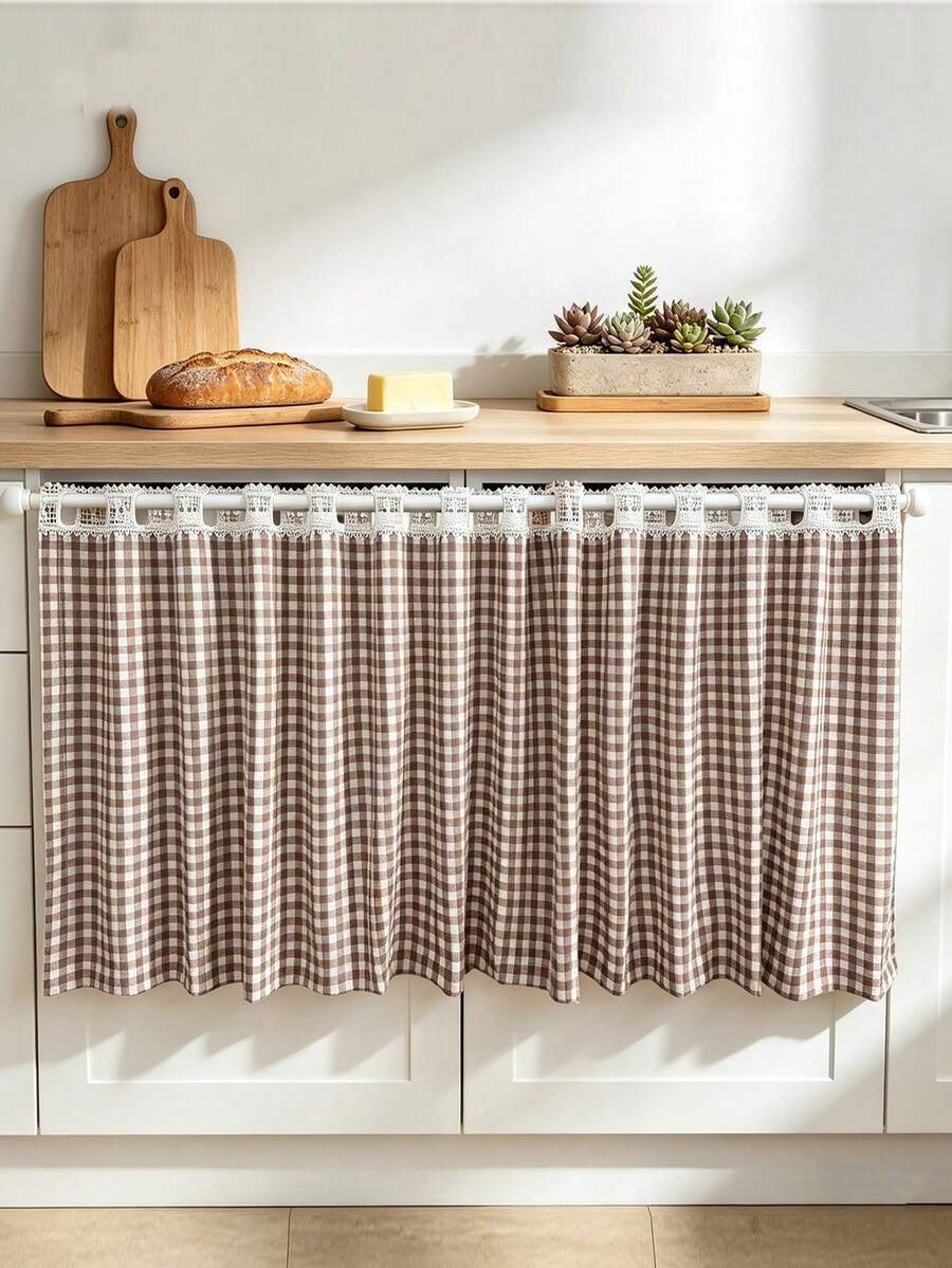 1Pc,White Perforated Lace Splicing American Country Retro Plaid Kitchen Half Curtains For Restaurant Cafe Windows Drapes Over Sink,Oven, Microwave, Curtain Decoration