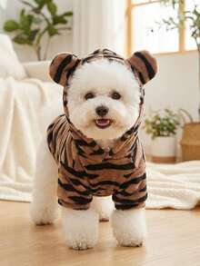 Sweatshirt Berkerudung Motif Garis Harimau untuk Hewan Peliharaan, Leher Bulat, Hangat & Nyaman, Gaya Liar yang Berani, Cocok untuk Anjing dan Kucing Kecil hingga Sedang untuk Pemakaian Sehari-hari di Dalam dan Luar Ruangan - Coklat - View 5