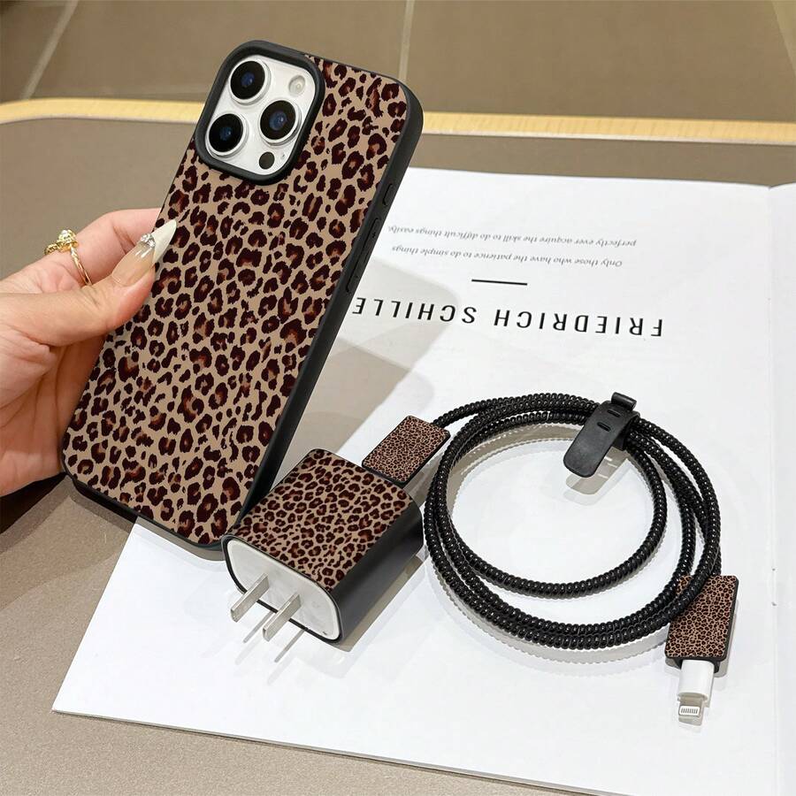 6件組液態黑色豹紋手機殼 + 充電頭保護套 + 數據線保護套 + 收納繩 + 數據線保護纏繩 TPU 防摔保護殼,適用於 iPhone 6 7 8 XXs XR XS Max 11 12 13 14 15 16 17 Pro Max,適合作為情侶、女性、女兒、男朋友、女朋友、青少年女孩的生日與聖誕禮物 - 彩色 - 查看 1