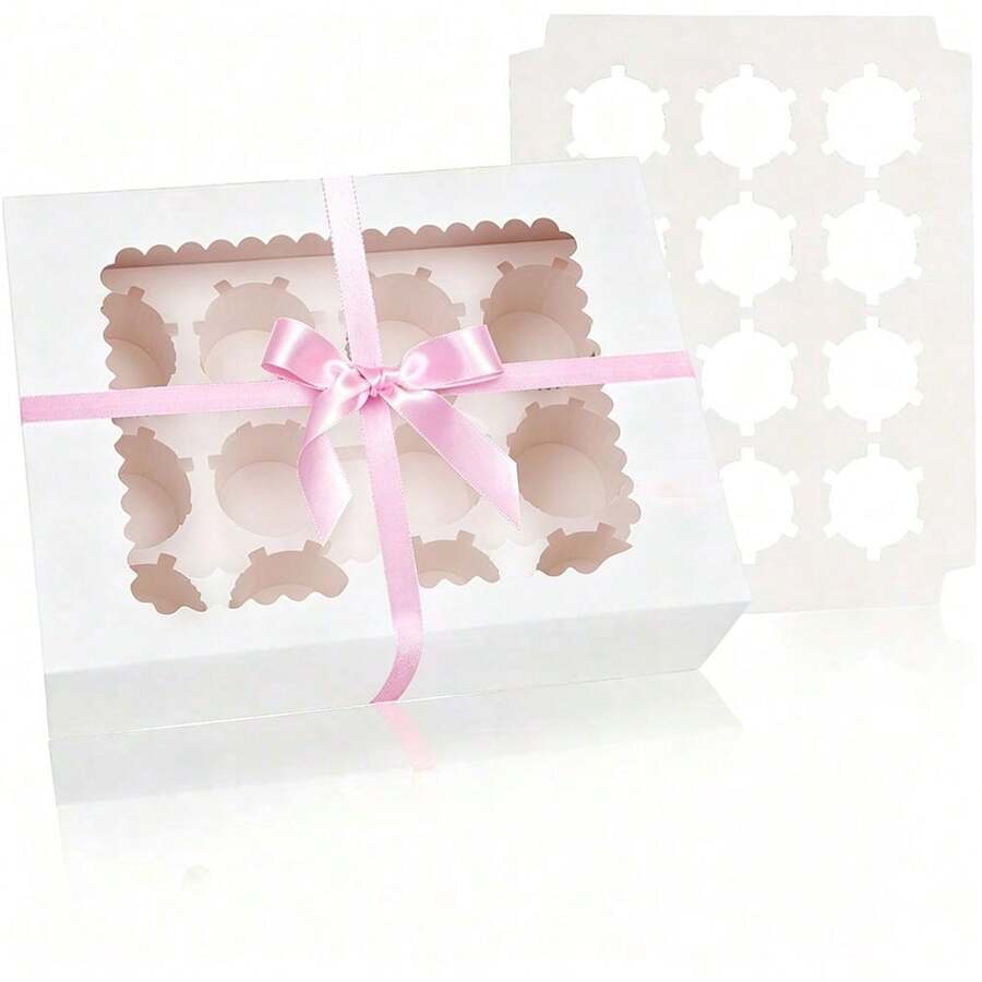 12-Cup Paper Cup Pastry Box, Paper Cup Holder Baking Carry Box, Suitable For Paper Cup Candy, Cookies, Muffins And Candy Bread Gift Box Packaging - White + Pink Ribbon [Set] - View 1