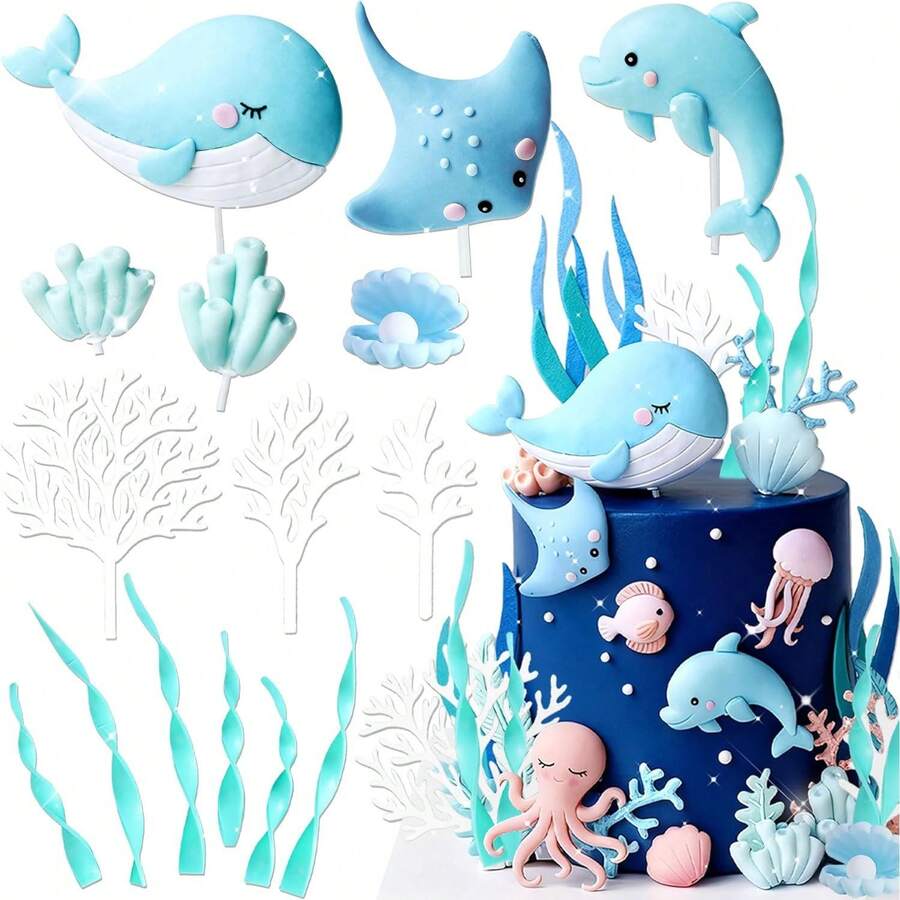 15Pcs/1pc Undersea Ocean Birthday Cake Decorations Ocean Party Gifts Ocean Theme Gift Giving Birthday Party Supplies, Not Only Beautiful Decorations, But Also Make Your Cake More Eye-Catching, Perfect For Stunning Photos. They Are The Perfect Choice - Multicolor - View 1