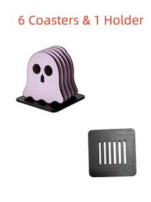6pcs/1set Halloween Wooden Coasters With Base, 4 Styles Pumpkin Lantern Ghost Cat Skull Spider Web Coaster Set, Desktop Decor Drink Coasters, Farmhouse Style Halloween Home Kitchen Bar Decor - Multicolor - View 18