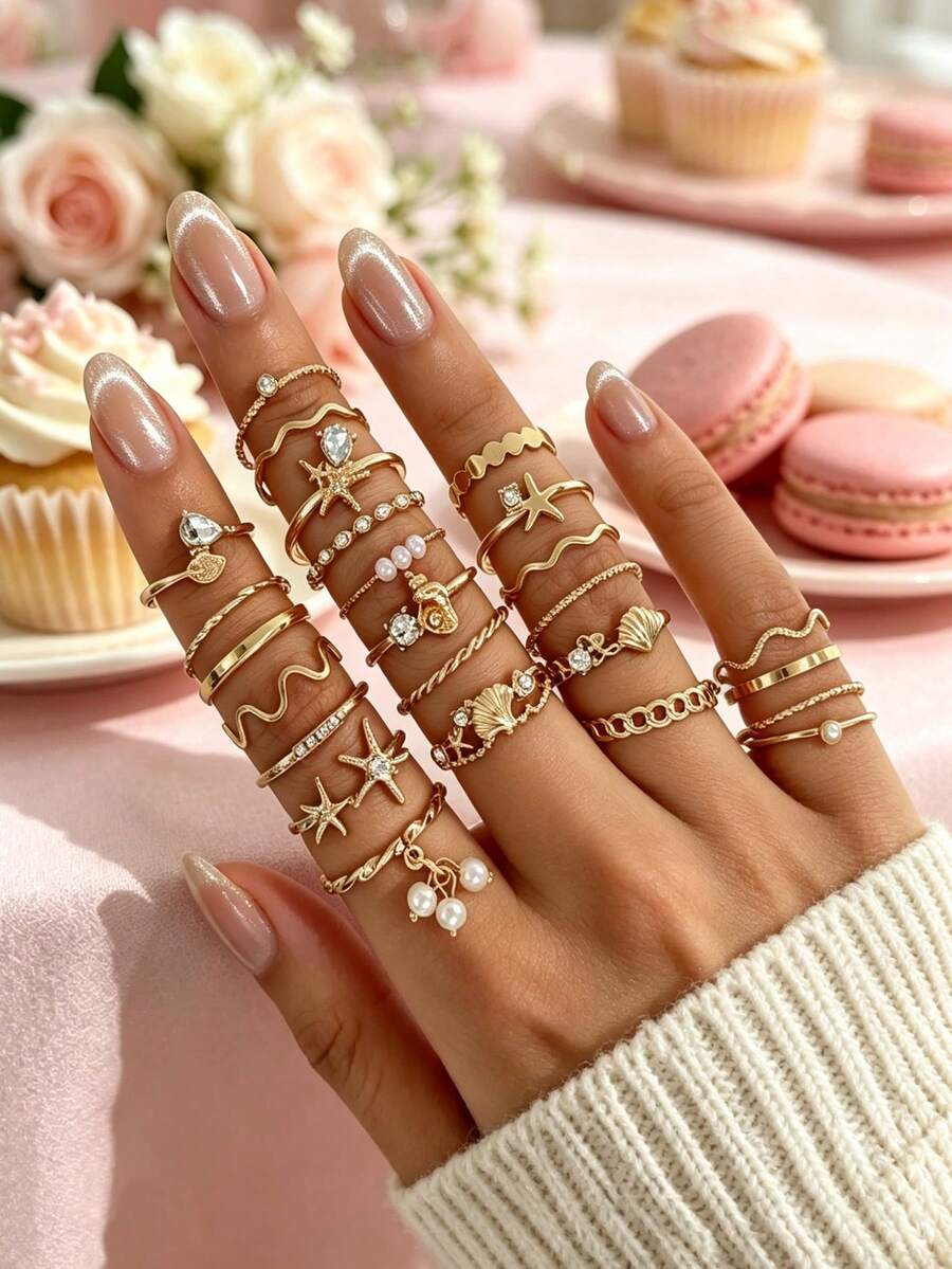 25件組 Ins風金屬海洋主題戒指,海星貝殼仿珍珠水鑽可疊戴戒指套組,適合女性日常配戴 - 金色 - 查看 1