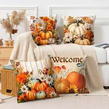 4pcs Watercolor Pumpkin Daisy Bird Welcome Autumn Harvest Print Pillow Covers, American Country Style Polyester Square Single-Sided Printed Zipper Closure Cushion Covers Without Inserts, Living Room Entryway Autumn Home Decor Set - Orange - View 1