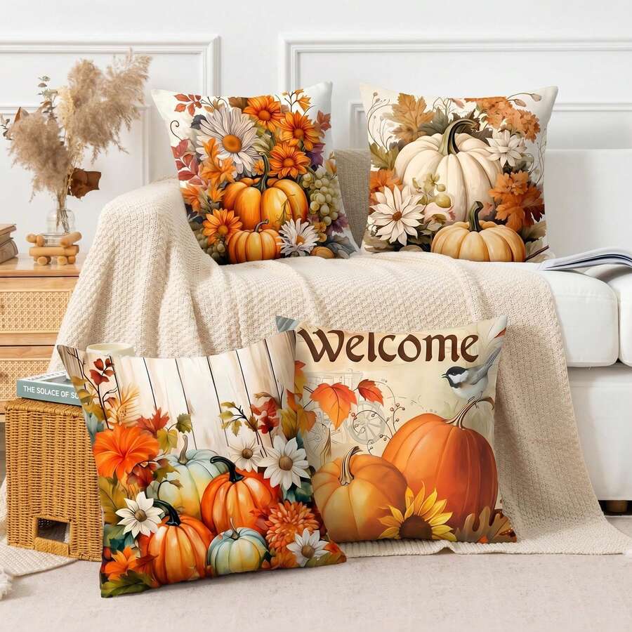 4pcs Watercolor Pumpkin Daisy Bird Welcome Autumn Harvest Print Pillow Covers, American Country Style Polyester Square Single-Sided Printed Zipper Closure Cushion Covers Without Inserts, Living Room Entryway Autumn Home Decor Set - Orange - View 1