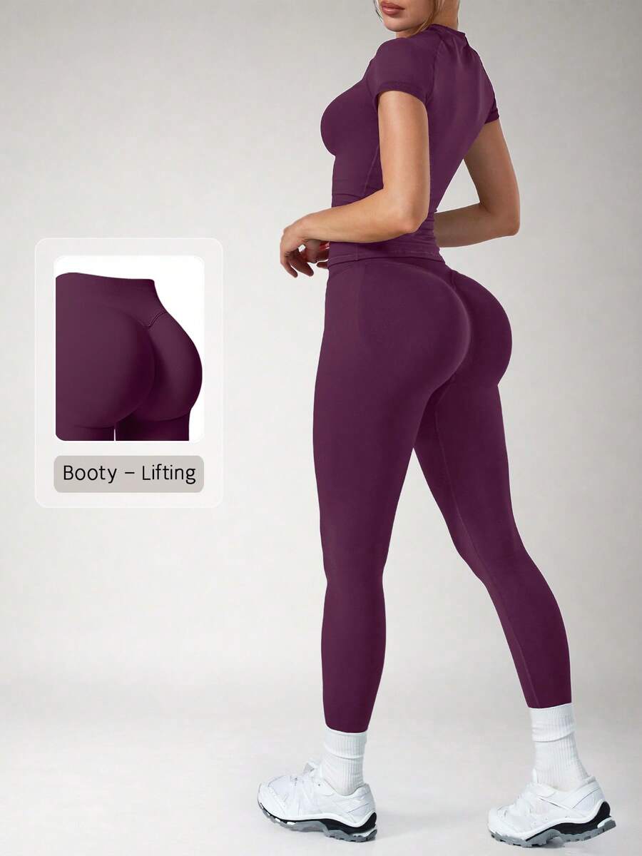 NcmRyu 1 Set Women's Solid Color Ribbed Seamless Crew Neck Short Sleeve Soft High Waist Ruched Sports Short Sleeve Leggings Set - Purple - View 1