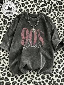 Plus Size Women's 90s Vintage Print T-Shirt, Retro Large Letter Pattern Casual Short Sleeve Washed Top Black Summer - Black - View 7