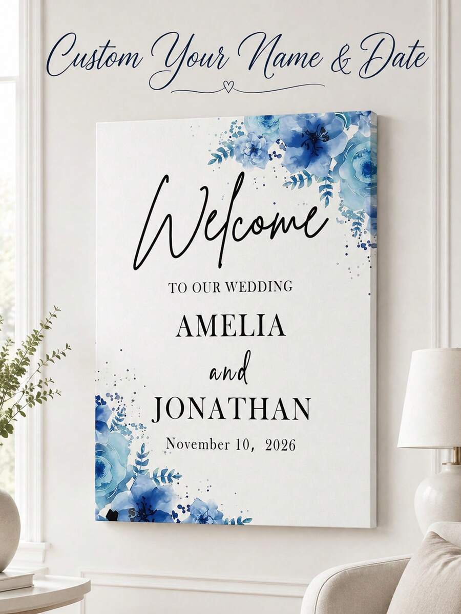 Custom Party Welcome Sign, Custom Wall Art, Blue Floral Theme Welcome Board, Personalized Name And Photo Welcome Plaque, Suitable For Wedding Decor And Various Events