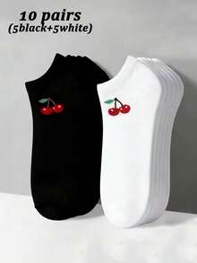 1/10/20 Pairs Women's Cherry Black & White Low Cut Socks, Comfortable Soft Breathable Daily Socks, Suitable For Daily Wear, Outdoor Activities, Back To School Season - Black and White - View 8
