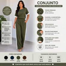 Women's Wide-Leg Pants And Short Sleeve Top Set Summer - 軍綠色 - 查看 2