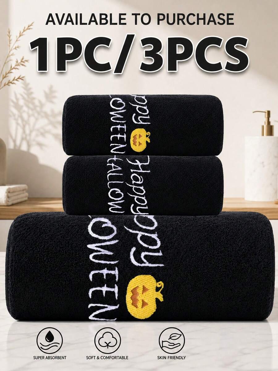 Halloween Letter Pumpkin Embroidered Towel Set, Soft Absorbent Black Microfiber Bath Towel, Spooky Halloween Decor Hand Towel For Bathroom, 1/3pcs Holiday Gift Towels - Black - View 1