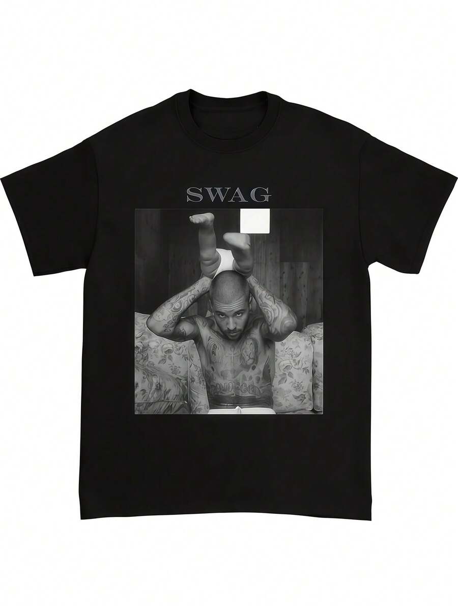 Men'S Black Printed T-Shirt Made Of 100%, Short Sleeve Tattoo Stance Swag Man Print Soft Skin-Friendly Machine Washable Basic Versatile Teealt - 黑色 - 查看 1