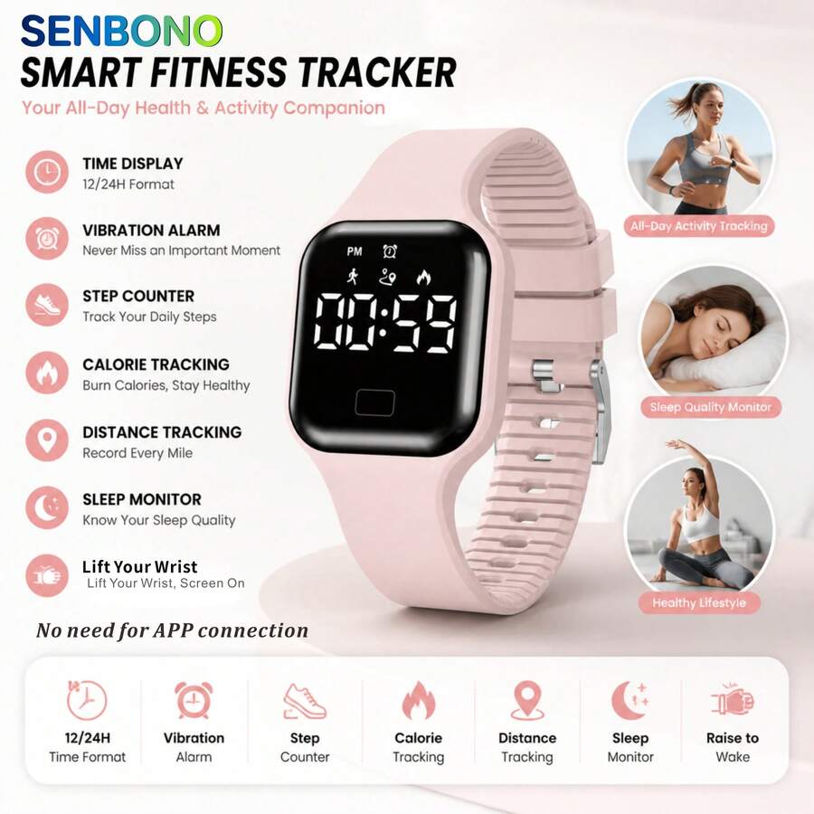 SENBONO Smart Band With Screen, Multi-Function Soft Silicone Electronic Watch, Time Display/Vibration Alarm/Step Counter/Calorie/Mileage/Fashion Minimalist, Rechargeable Battery, Lightweight And Breathable
