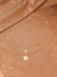 2pcs/1set Luxury Minimalist Gold-Plated Necklace, Rhinestone Eight-Pointed Star Infinity Symbol Round Double Layer Stacked Pendant Collarbone Chain, Multi-Element Necklace Perfect For Daily / Party / Gift-Giving Exquisite Jewelry Unique Accessory - Multicolor - View 5